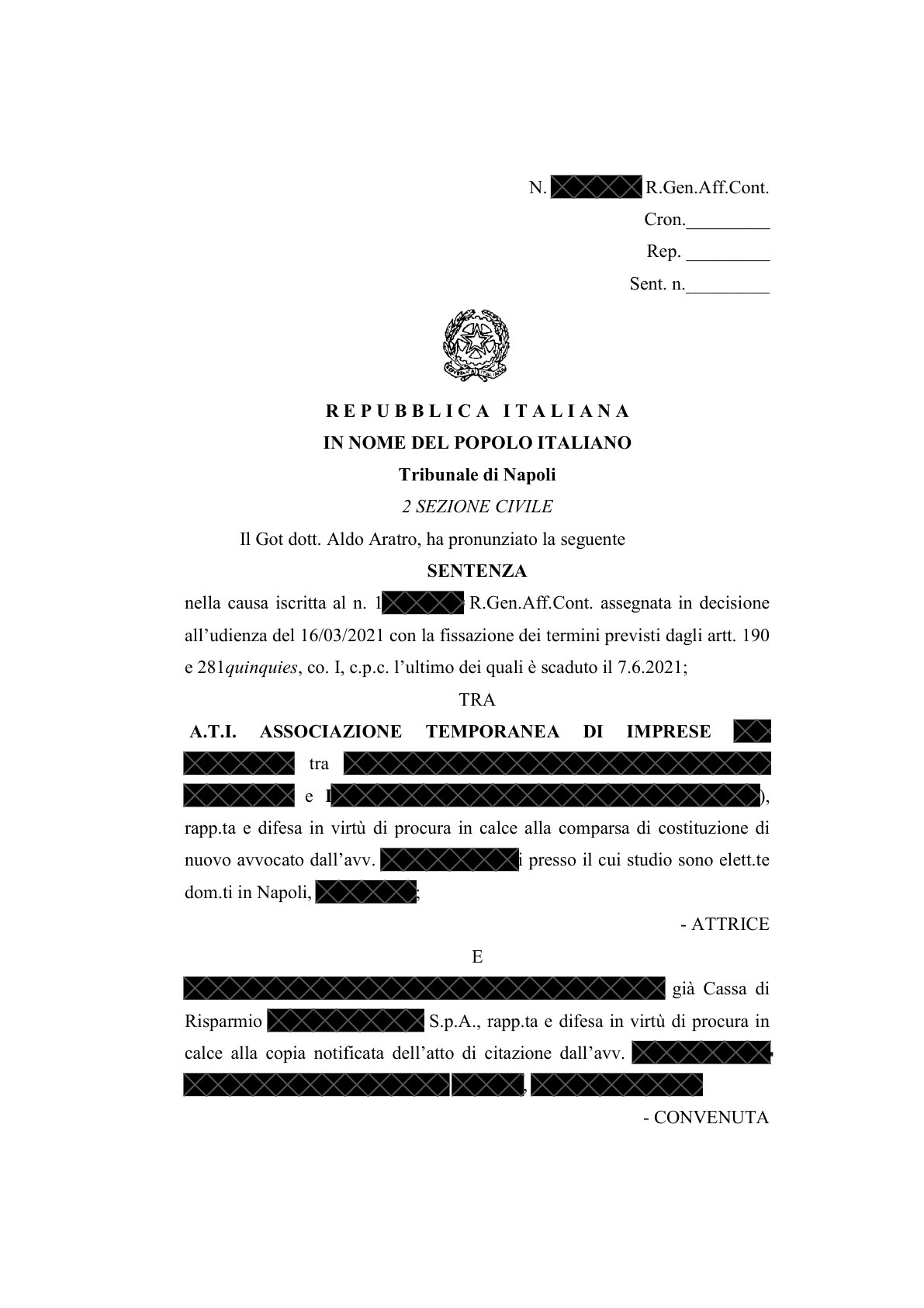 Anteprima frontespizio: Tribunale di Napoli — 6 settembre 2021