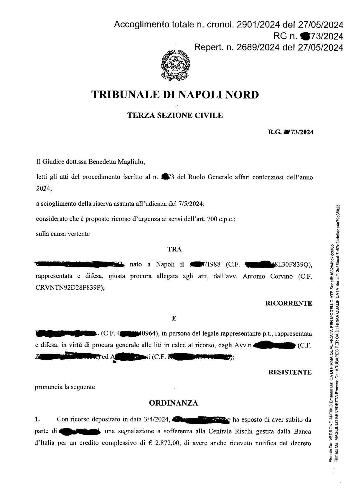 Anteprima frontespizio: Tribunale di Napoli Nord — Ord. n. 2698/2024