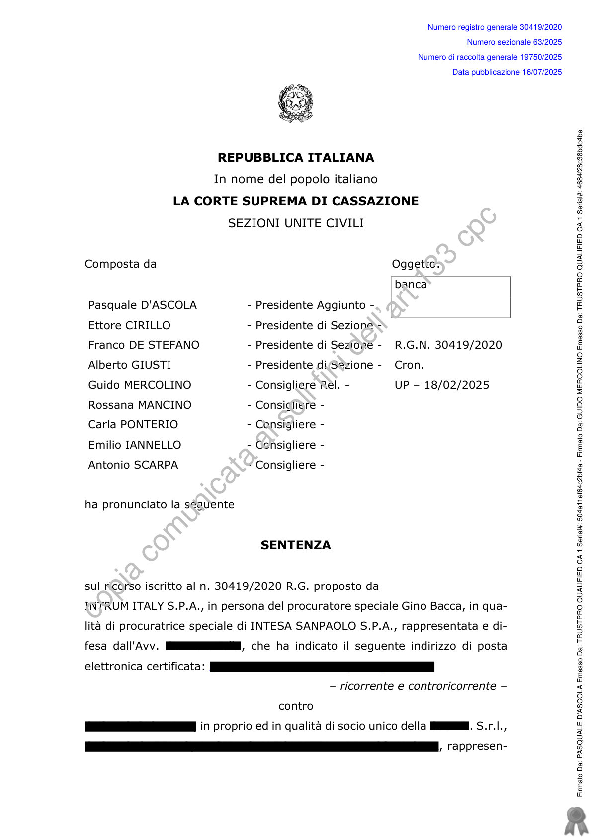 Anteprima frontespizio: Cassazione SU — n. 19750/2025