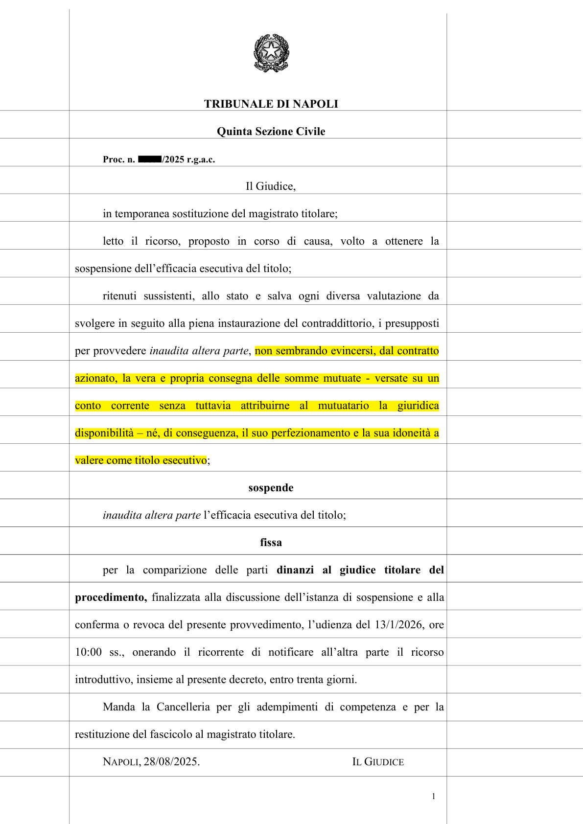 Anteprima frontespizio: Tribunale di Napoli — 29 agosto 2025