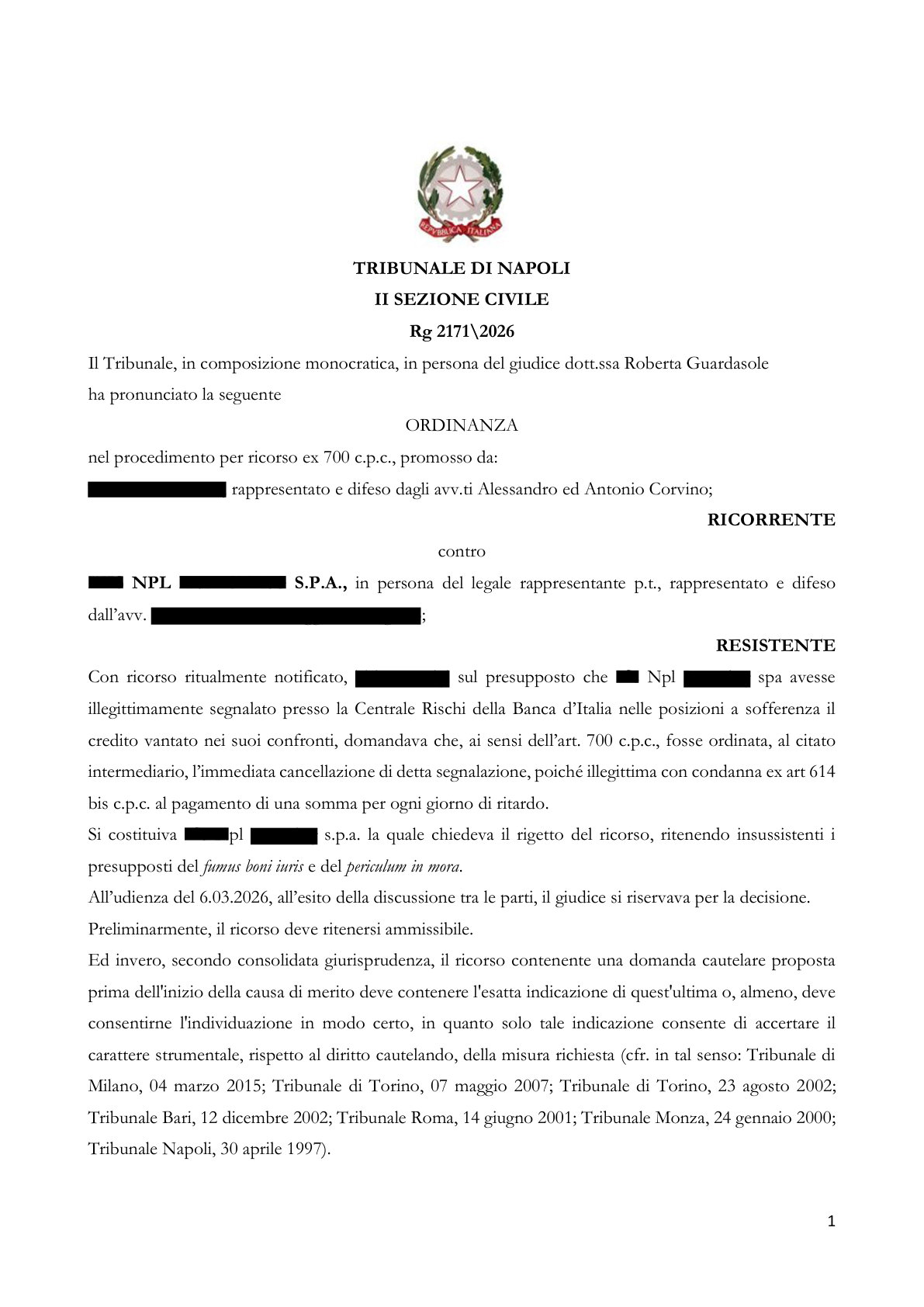 Anteprima frontespizio: Tribunale di Napoli — 16 marzo 2026