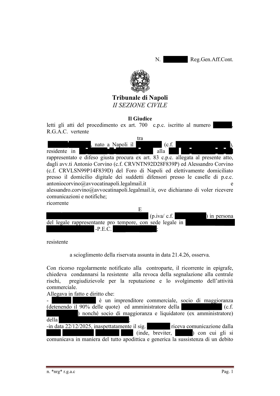 Anteprima frontespizio: Tribunale di Napoli — 22 aprile 2026