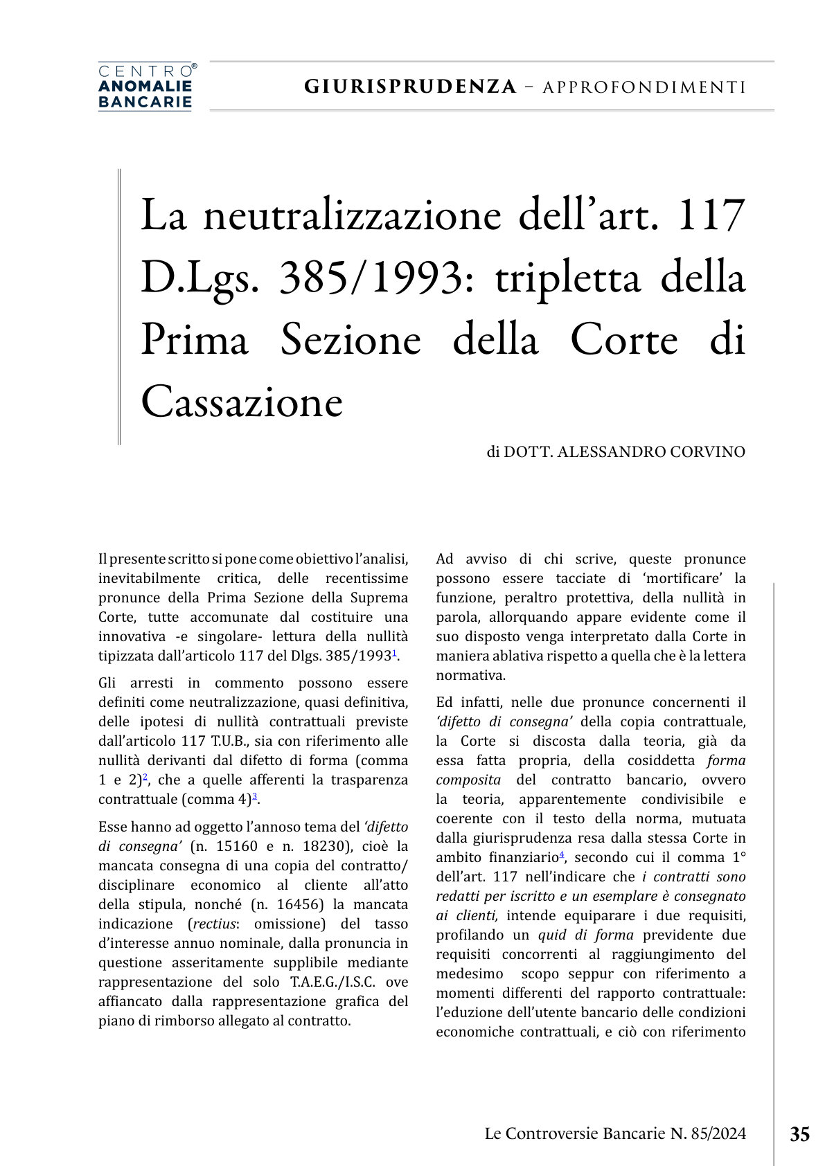 Anteprima frontespizio: Art. 117 TUB: tripletta della Cassazione