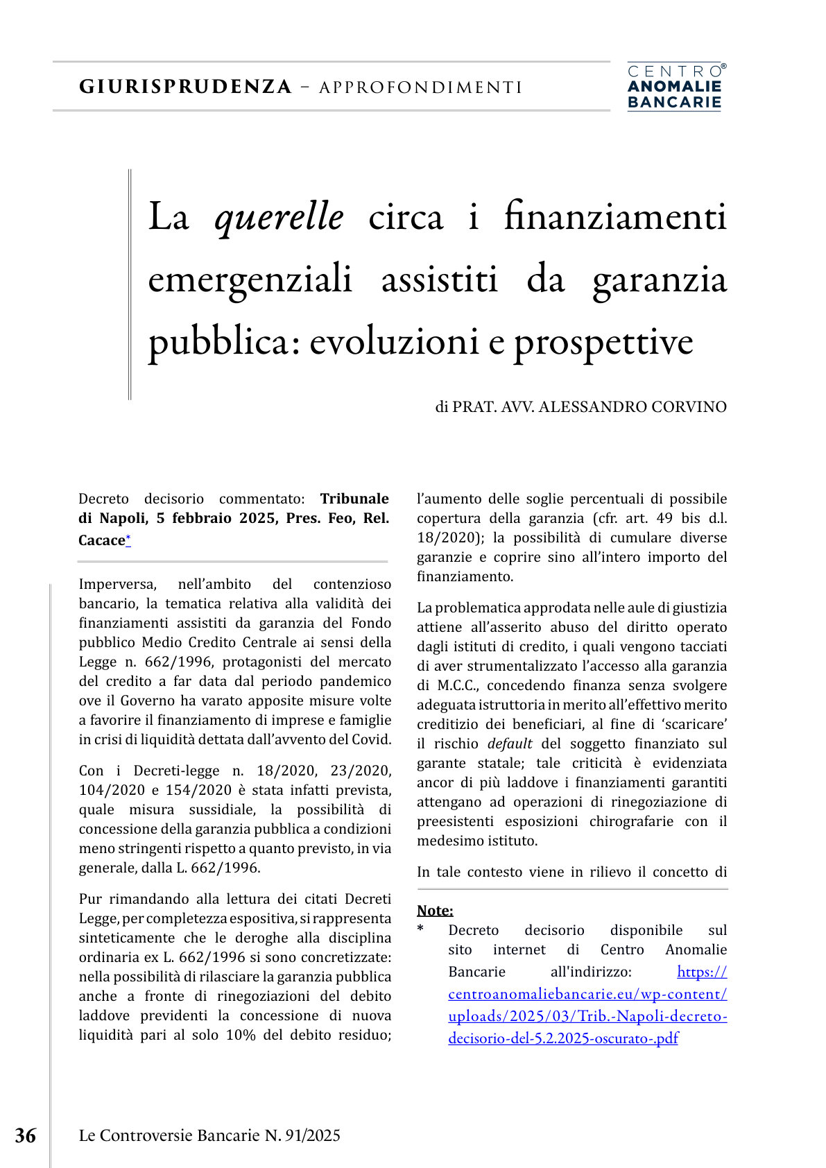 Anteprima frontespizio: Finanziamenti emergenziali con garanzia pubblica