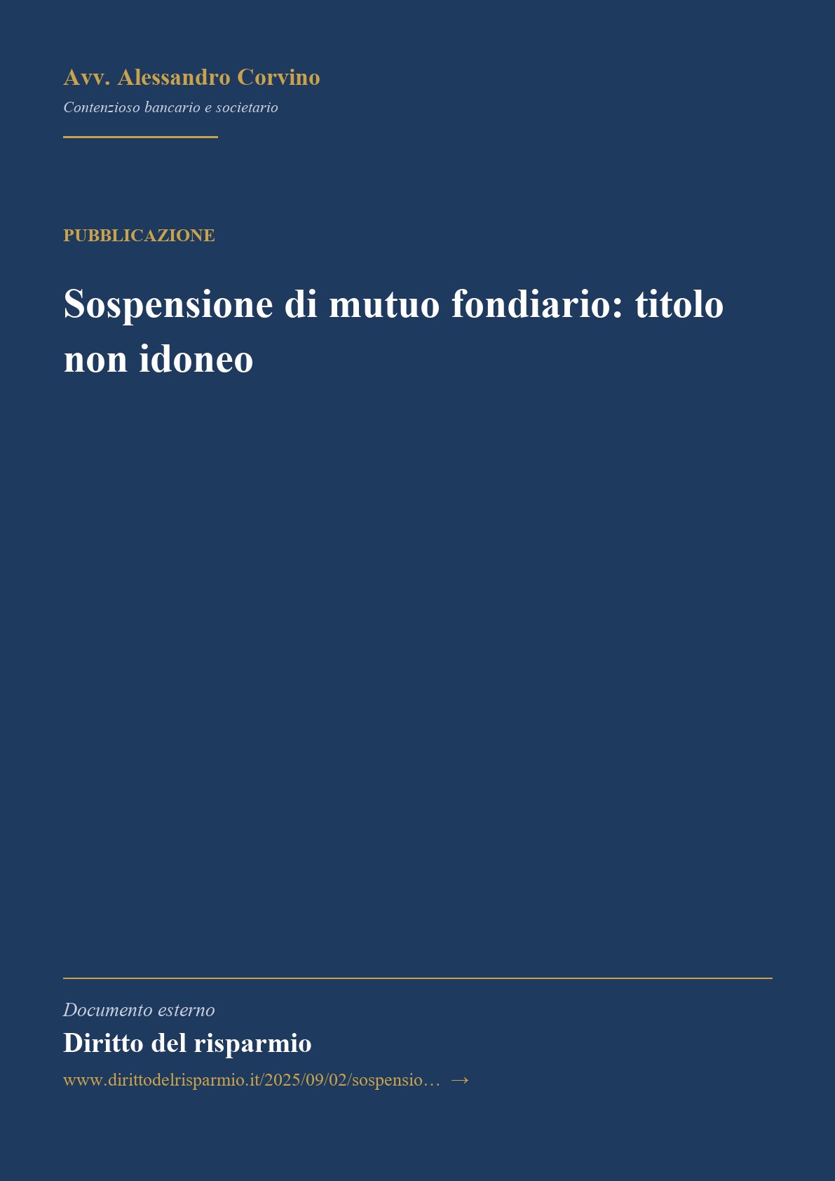 Anteprima frontespizio: Sospensione di mutuo fondiario: titolo non idoneo