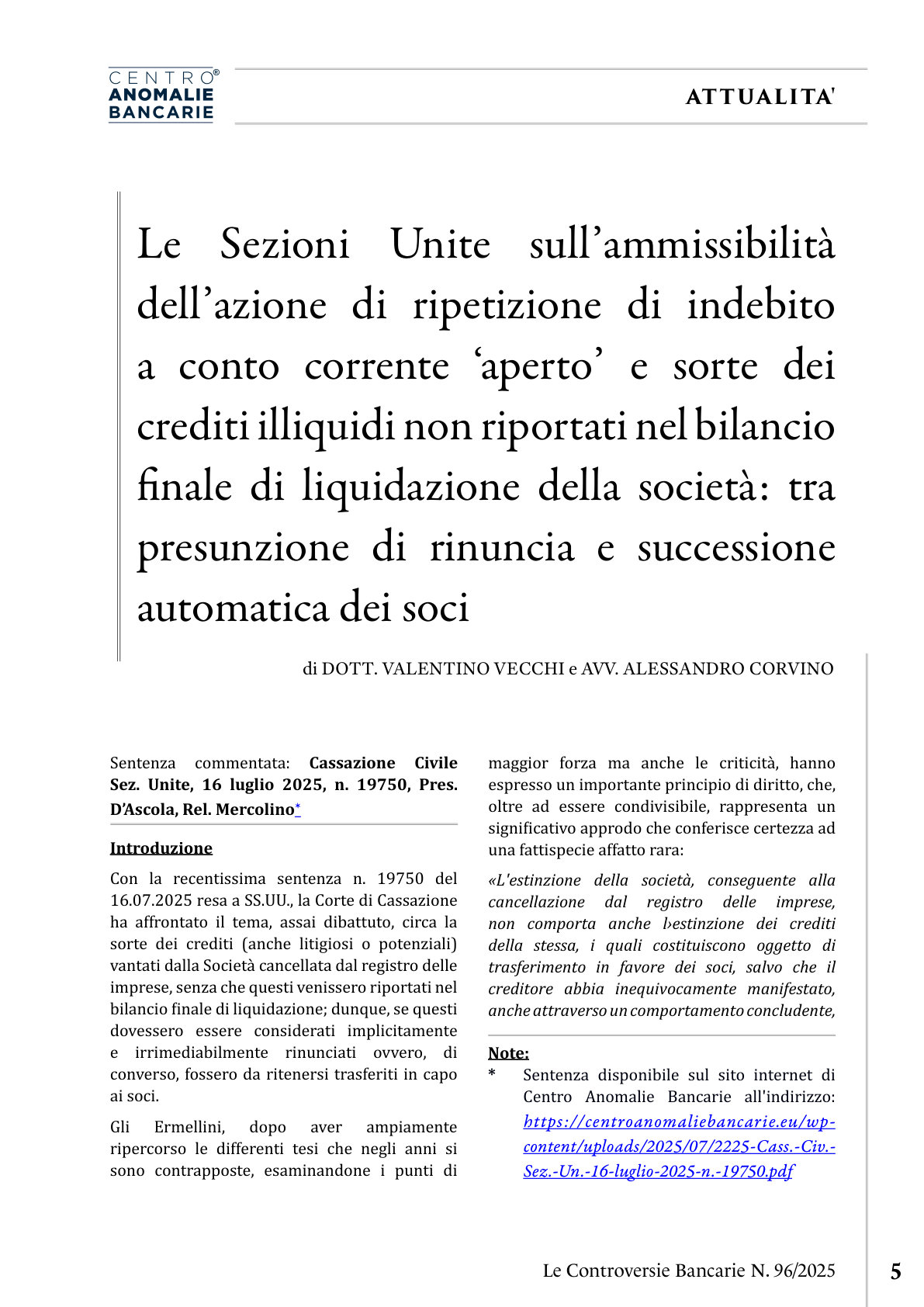 Anteprima frontespizio: Sezioni Unite: ripetizione di indebito su c/c «aperto»