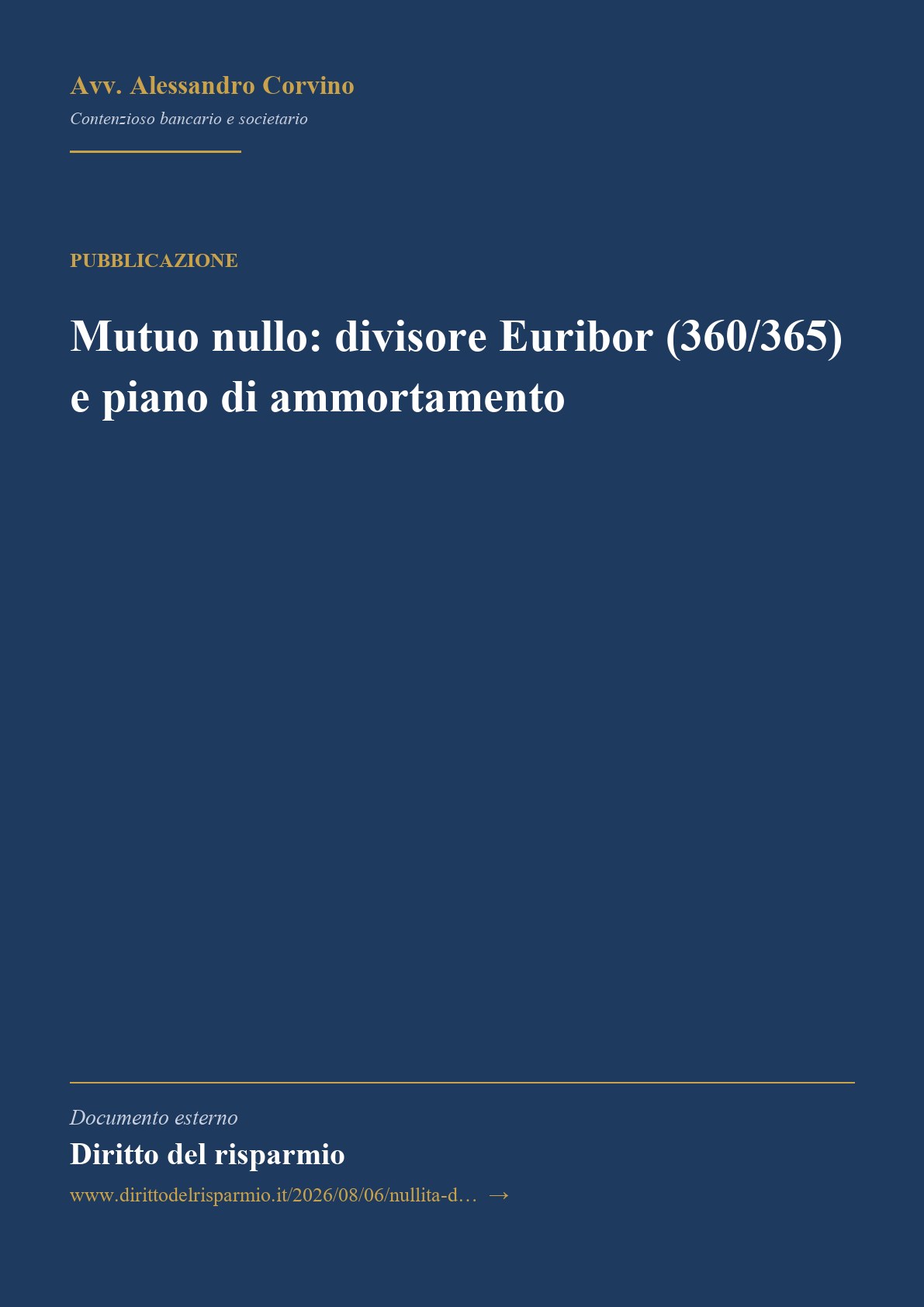 Anteprima frontespizio: Mutuo nullo: divisore Euribor (360/365) e piano di ammortamento