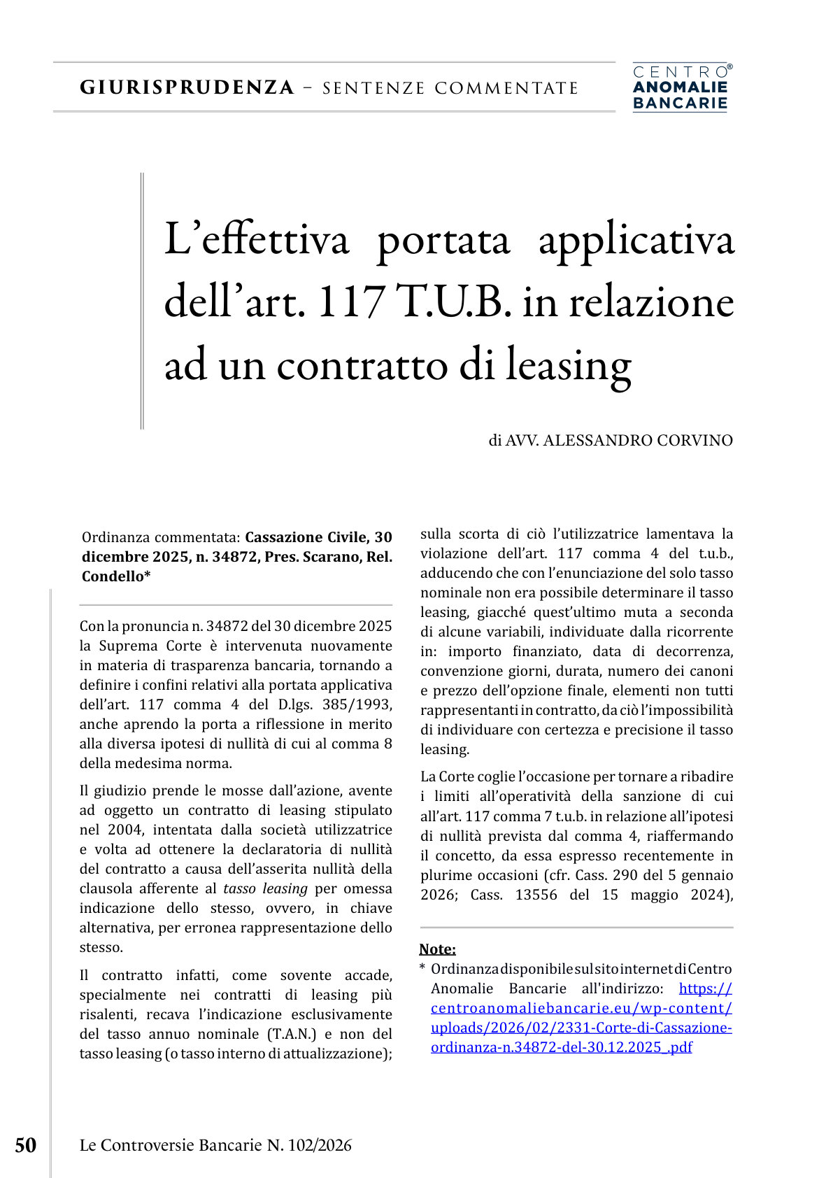 Anteprima frontespizio: L'art. 117 T.U.B. nel contratto di leasing