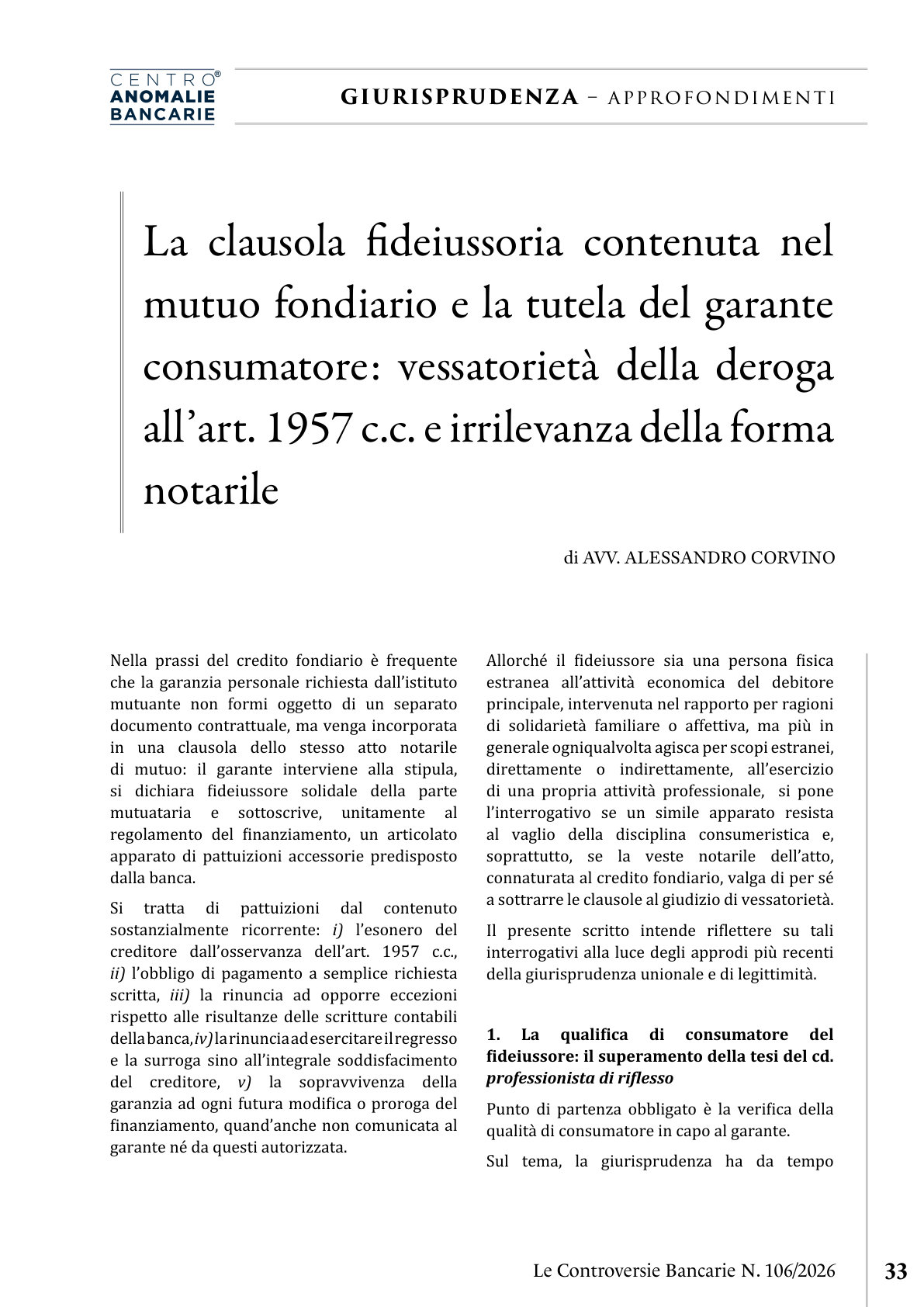 Anteprima frontespizio: Fideiussione nel mutuo fondiario e tutela del garante consumatore