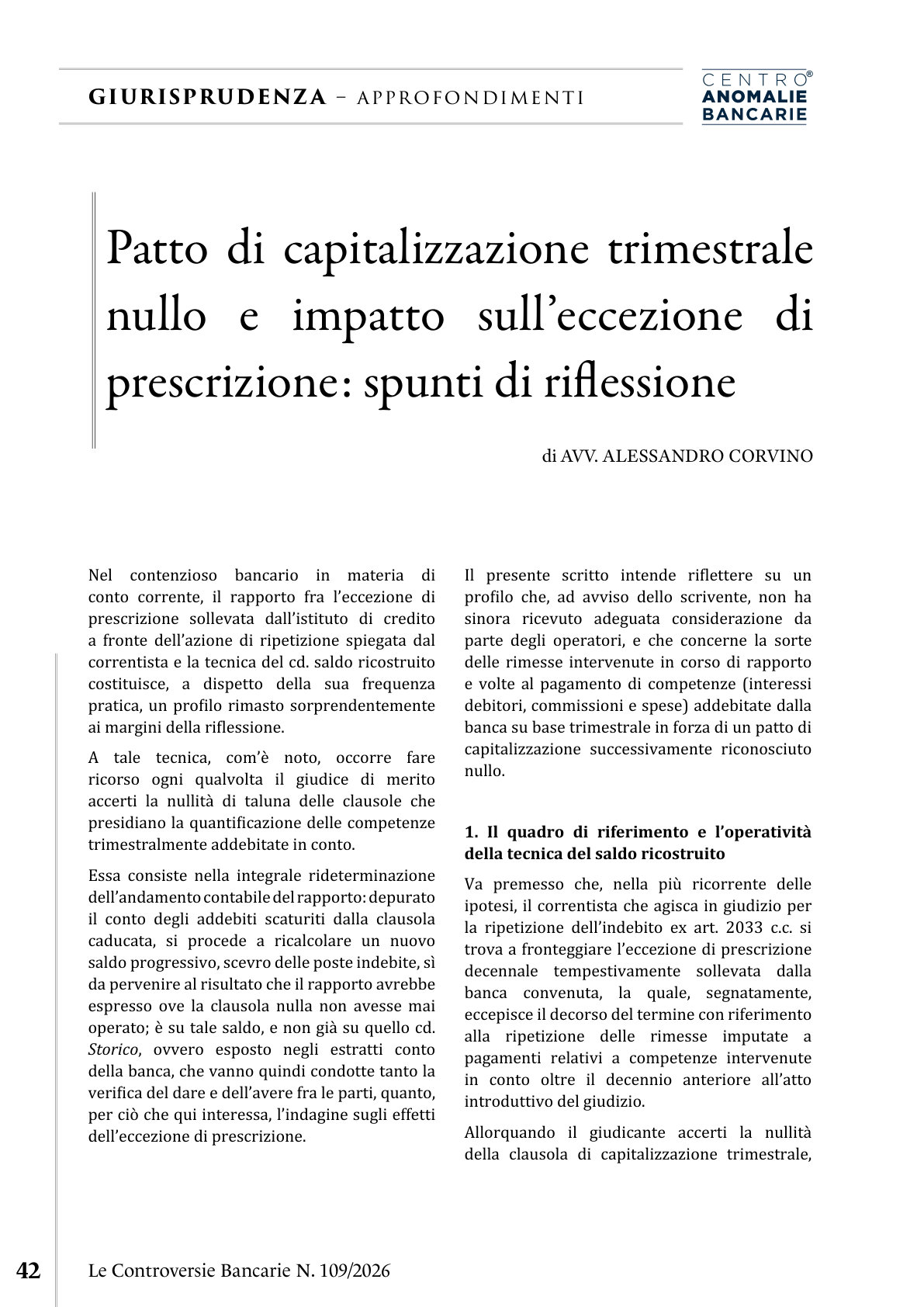 Anteprima frontespizio: Capitalizzazione trimestrale nulla ed eccezione di prescrizione